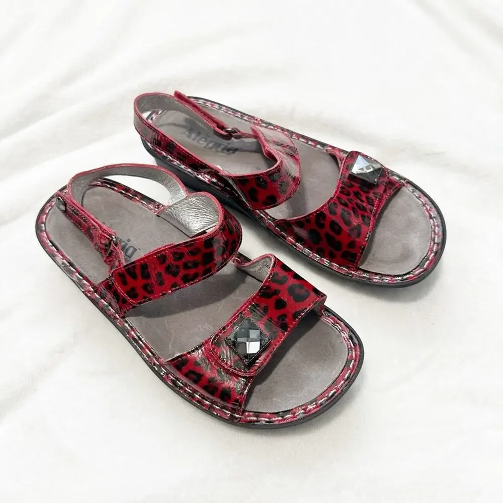 Alegria red snow leopard sandals open toe Velcro silver embellished size 37